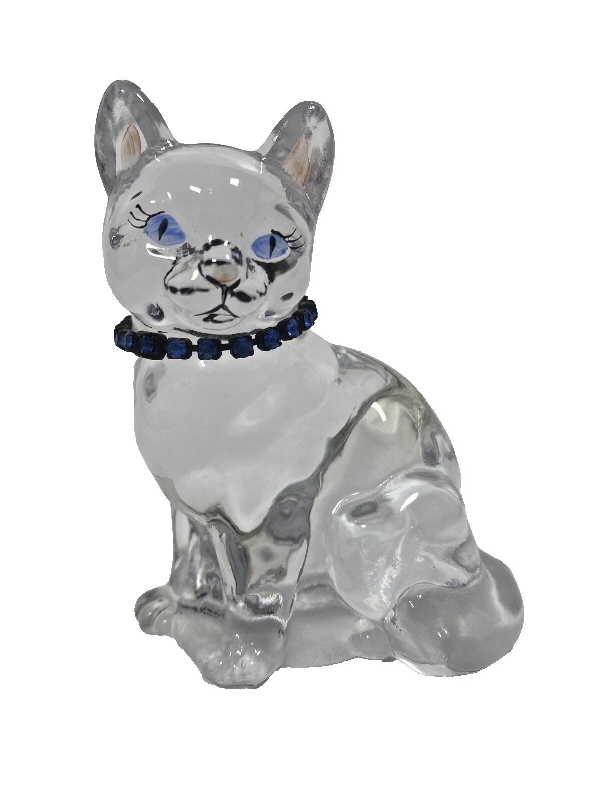 Fenton Clear Art Glass Hand Painted Blue Rhinestone Collar  Cat Figurine 3 3/4\