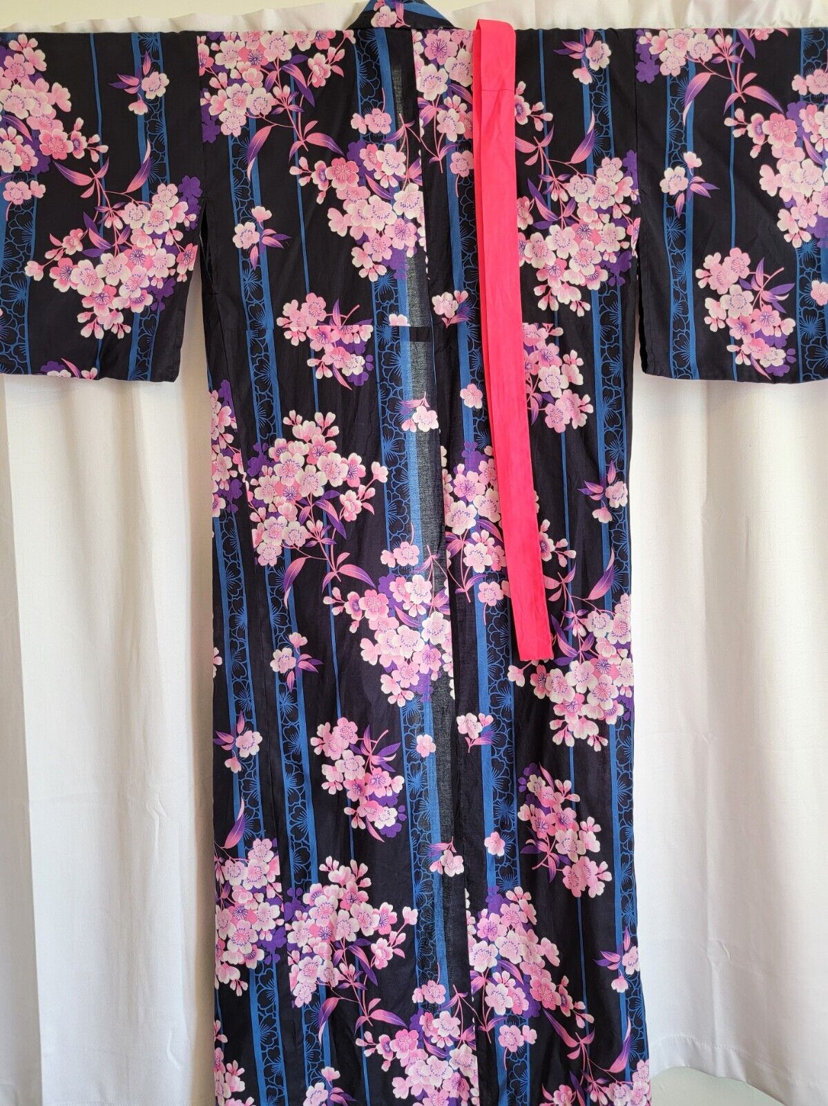 JAPANESE Long Cotton Yukata KIMONO ROBE INDIGO with Purple & Pink FLOWERS