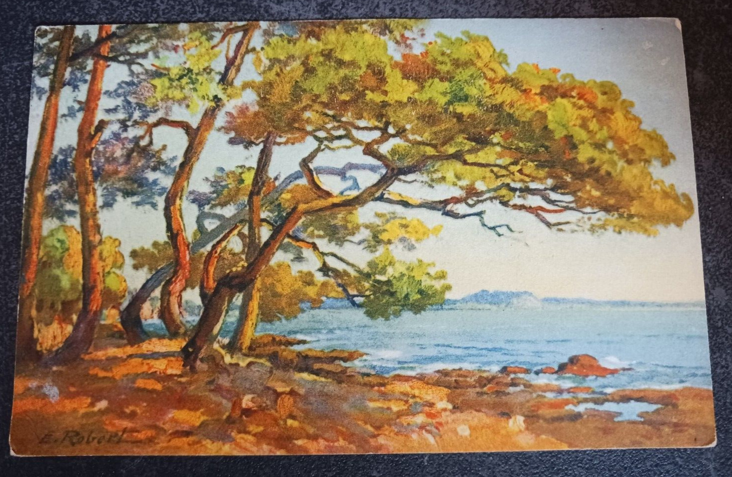 vtg postcard E. ROBERT Switzerland ocean scenery watercolor art unposted