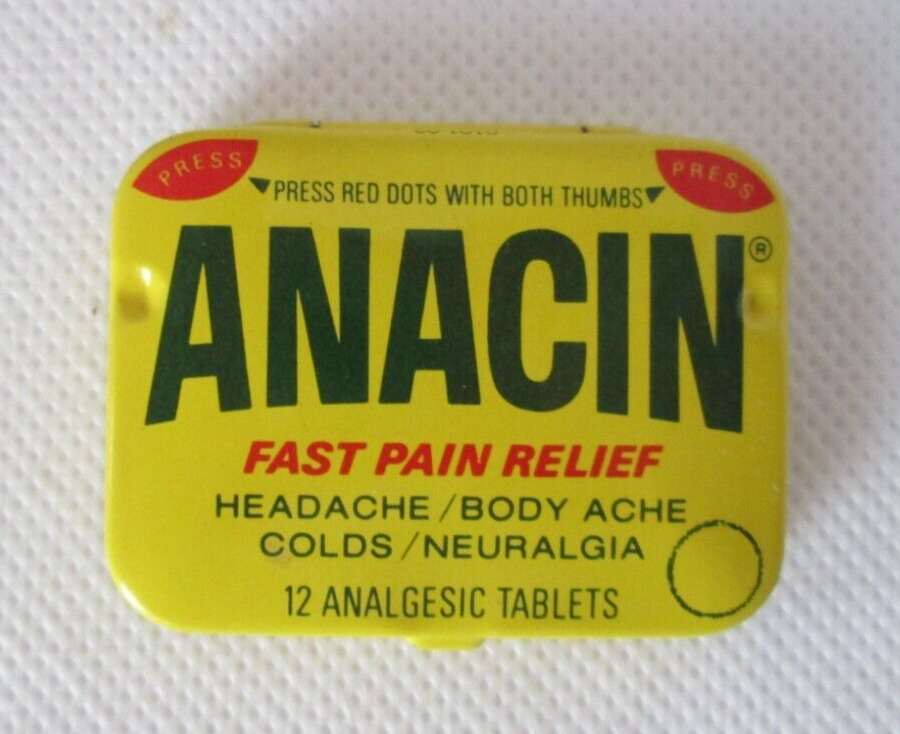 Vintage ANACIN Pain Relief Metal Tin with original contents plus Advertising