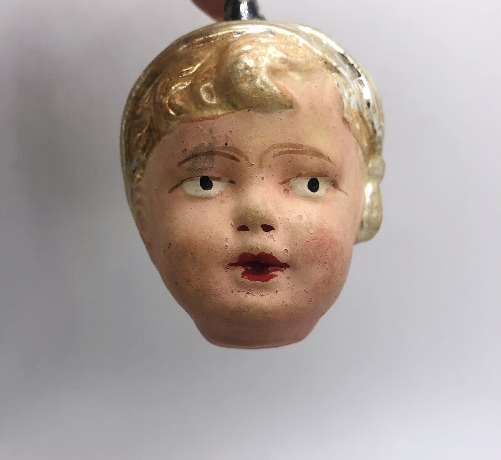 Antique Vtg German Glass Figural Child Face Christmas Ornament In Nightcap OLD