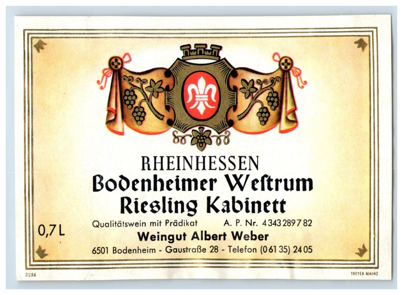 1960\'s-80\'s Bodenheimer Westrum Riesling Kabinett German Wine Label S73E
