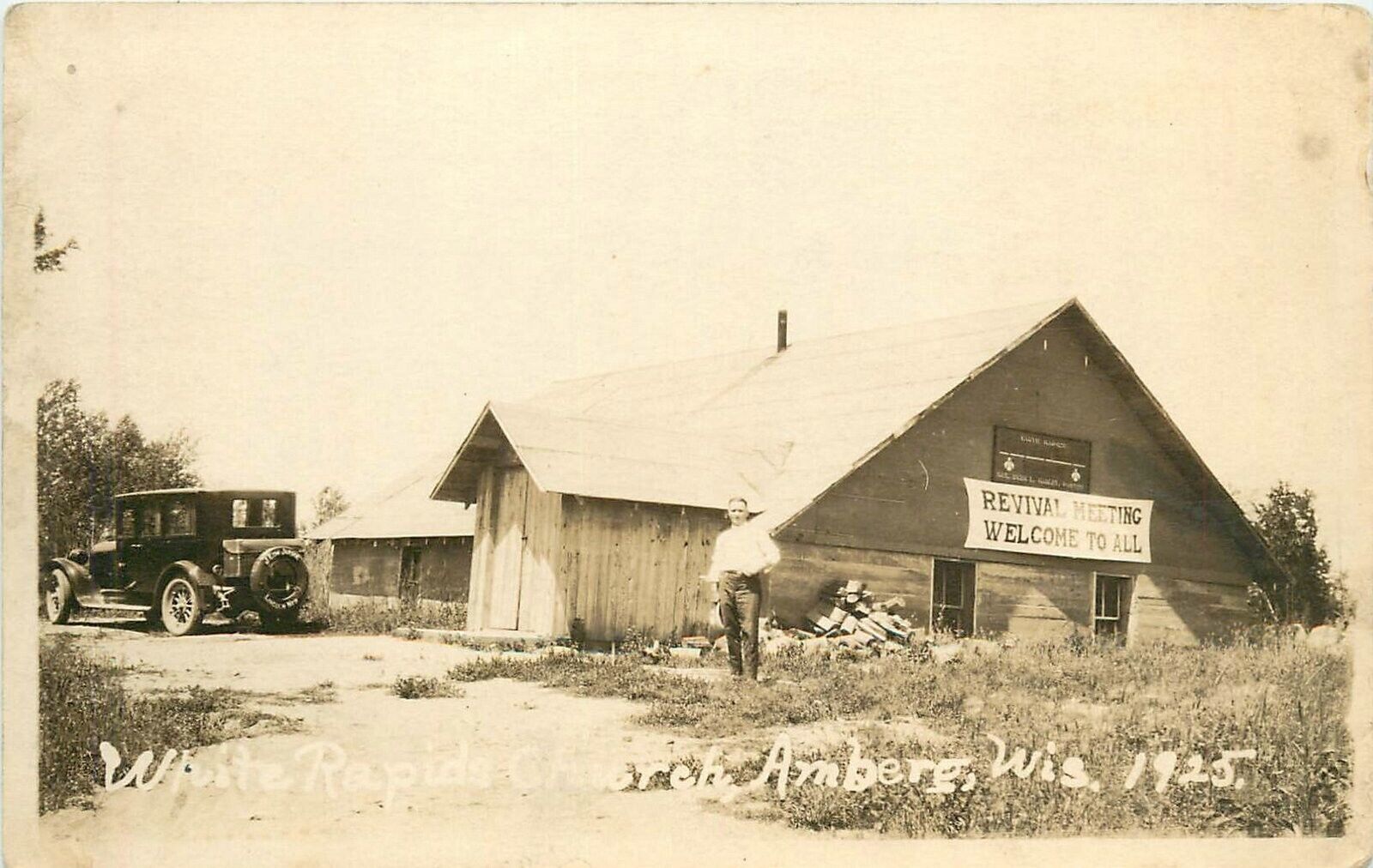 Postcard RPPC C-1910 Wisconsin Amberg White Rapids church revival 23-13493