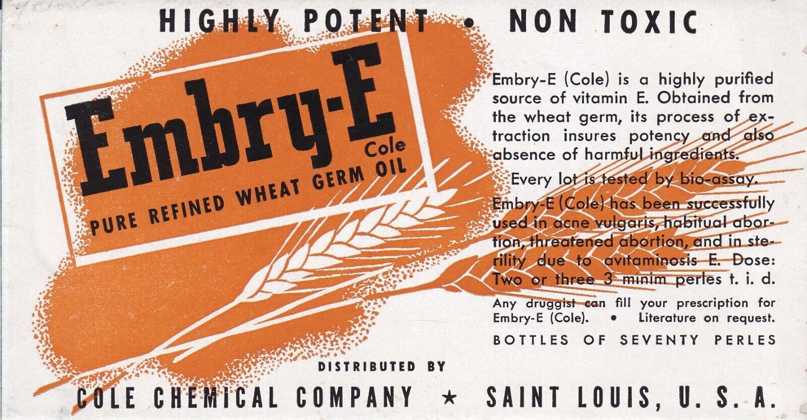 Vintage Advertising Medicine Blotter Cole\'s Embry-E PURE Wheat Germ Oil 1920\'s
