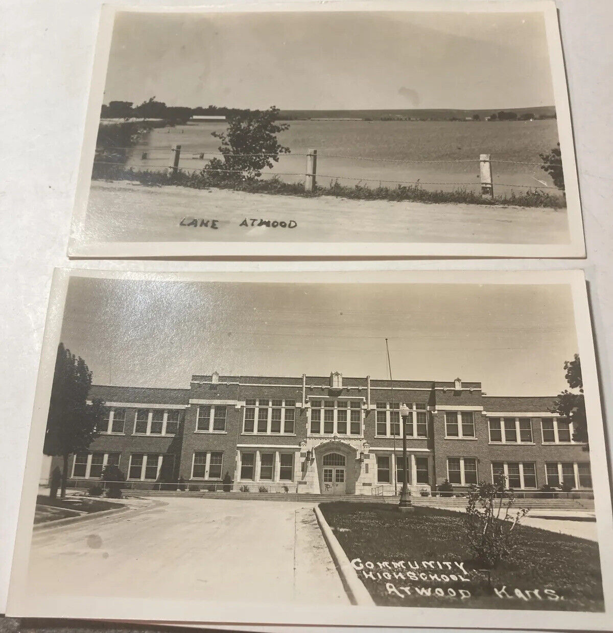 (2) RPPC Atwood Kansas Lake And Community High School Postcard Orig.