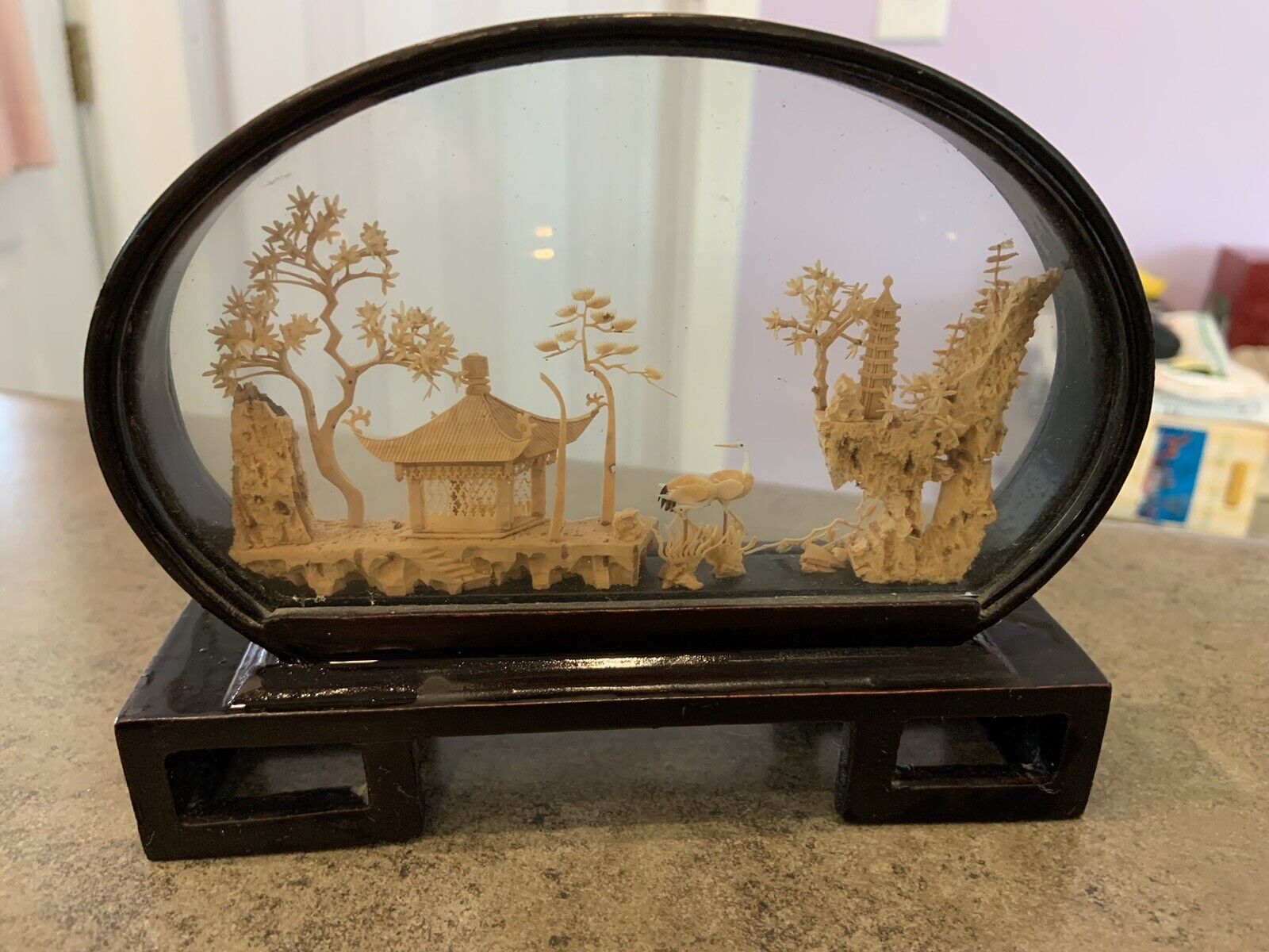 VINTAGE CHINESE SAN YOU DIORAMA CORK CARVING GLASS CASE PAGODA TREES & CRANES.