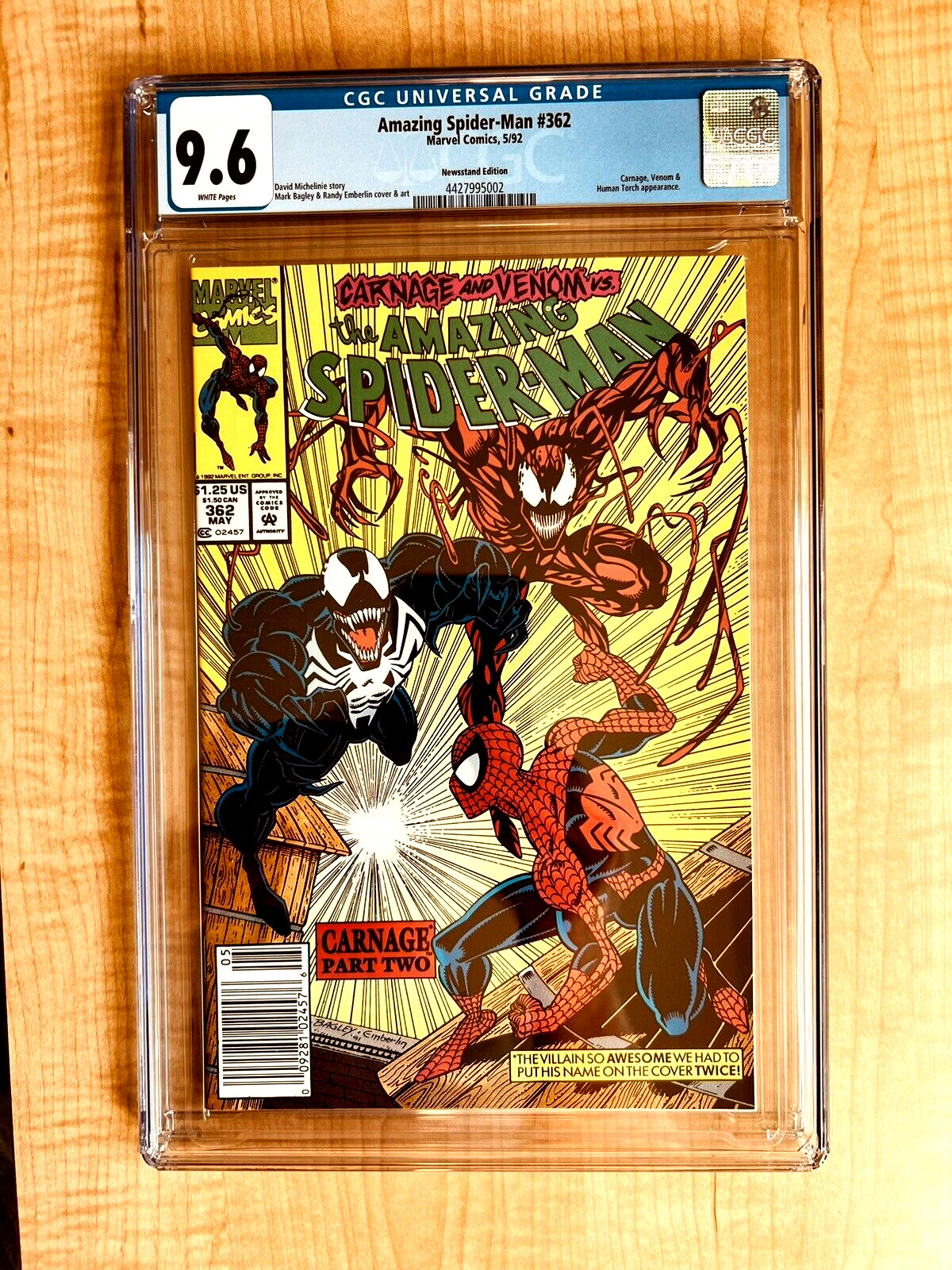 Amazing Spider-Man #362 Newsstand CGC 9.6-NM+WHITE PAGES 2ND CARNAGE KEY