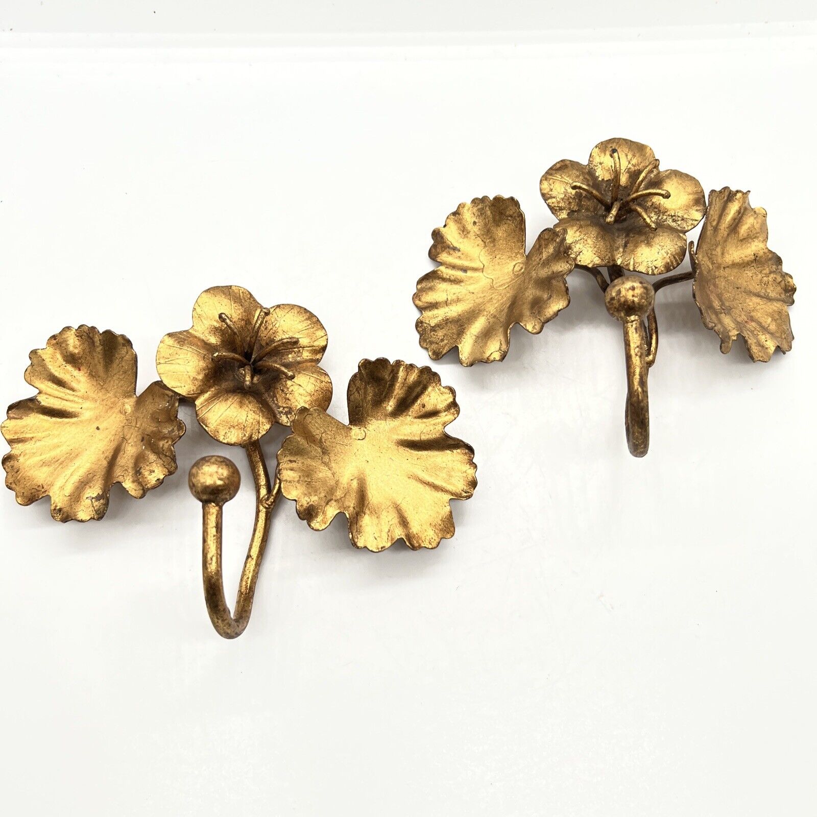 Vintage Italian Tole Flower Gold Gilt Leaves Hollywood Regency Wall Hooks