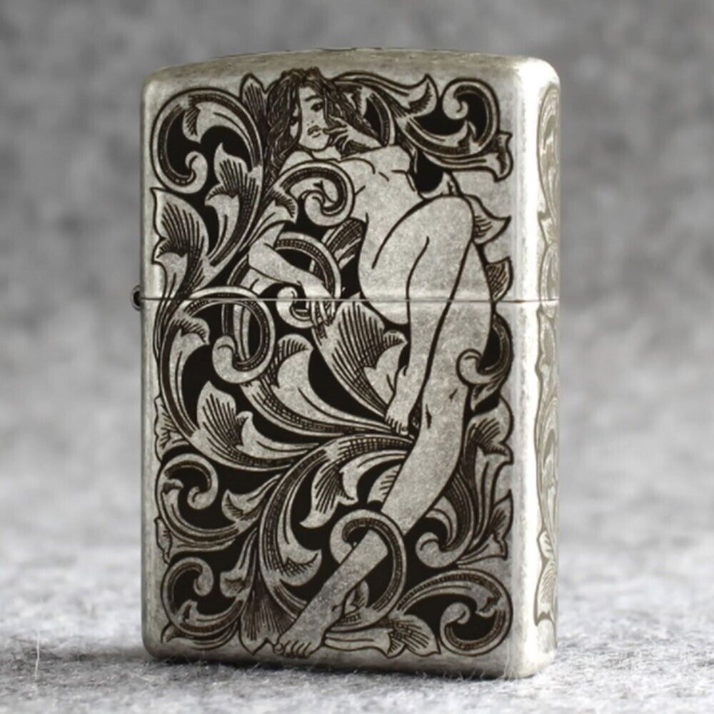 Zippo lighter 121FB Antique Silver/ Arabesque Sexy Girl Free 3 Gifts New in Box