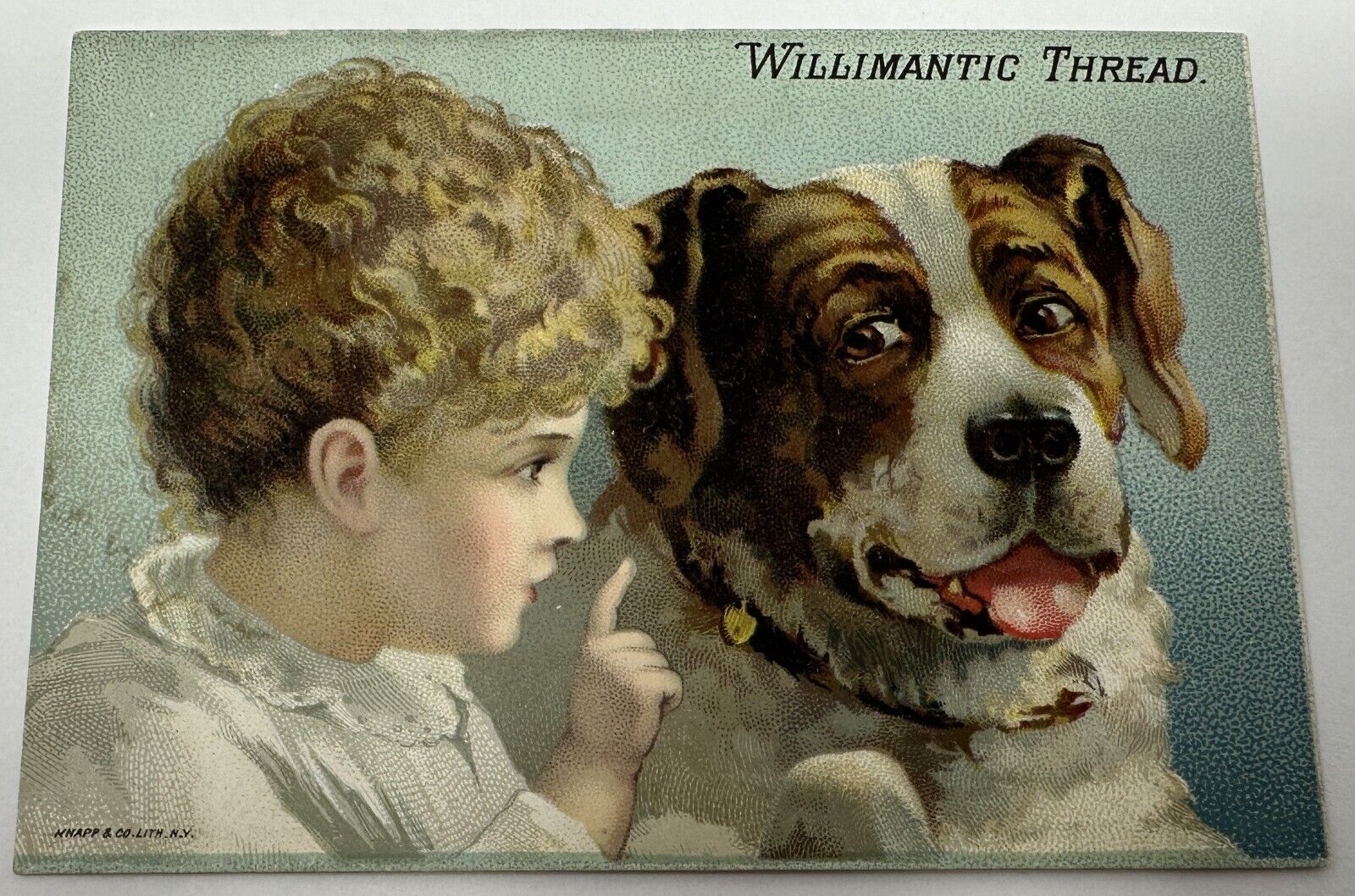 Vintage Willimantic Thread Six Cord Spool Victorian Trade Card Girl & Dog