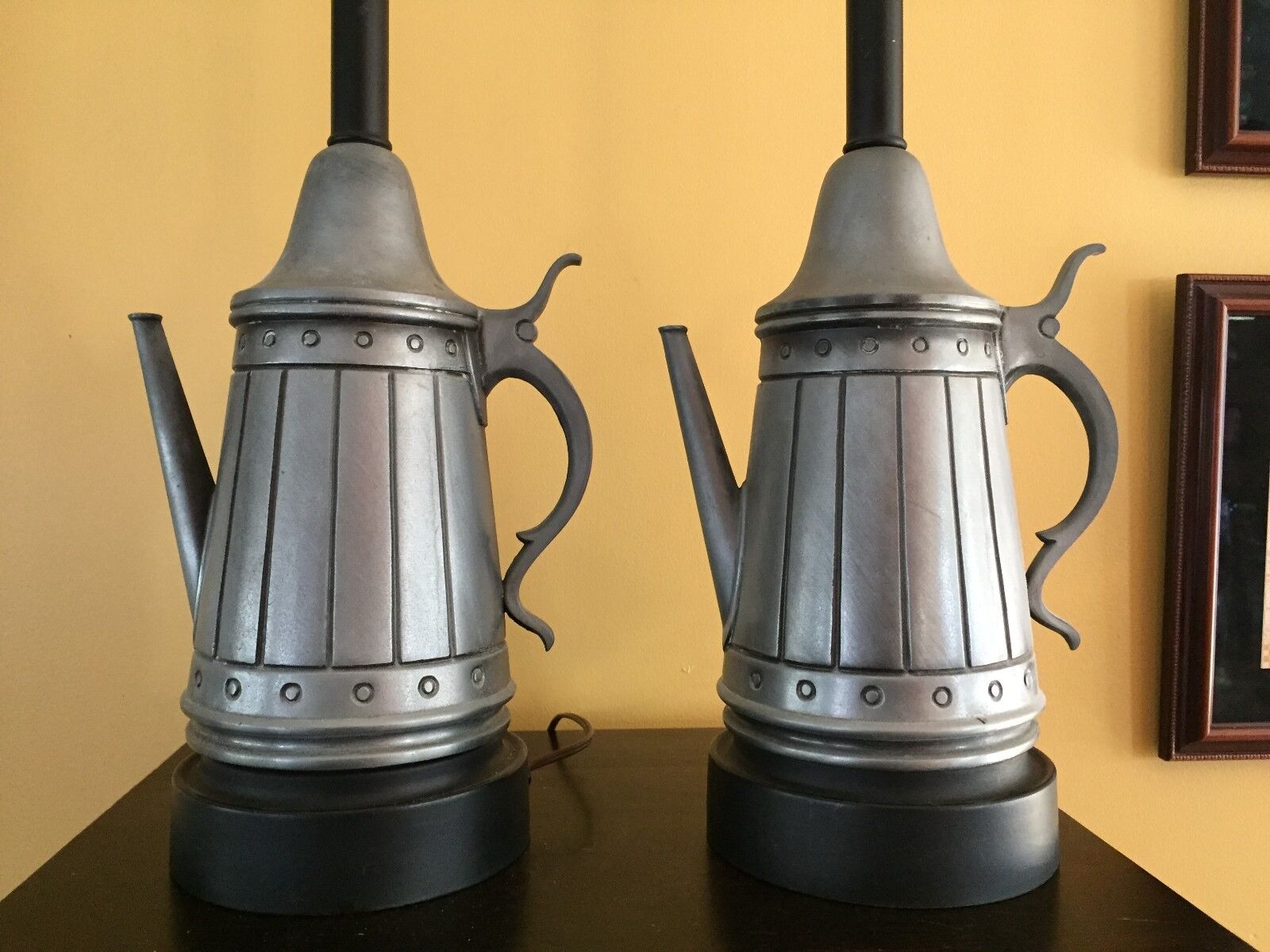 Vintage Pair of Primitive Country Metal Pitcher Lamps