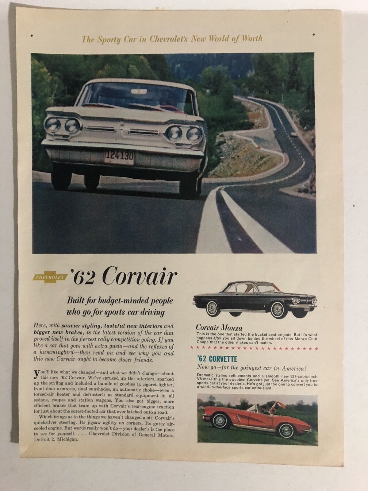 1962 Corvair Vintage Print Ad Advertisement pa12