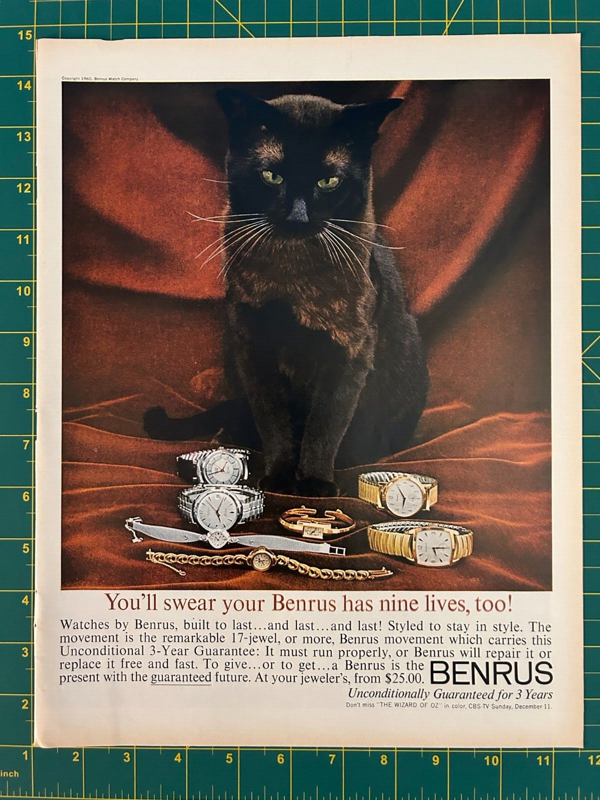 1960 Vintage Benrus Mens Ladies Watches 9 Lives Cat Built To Last Print Ad Z1