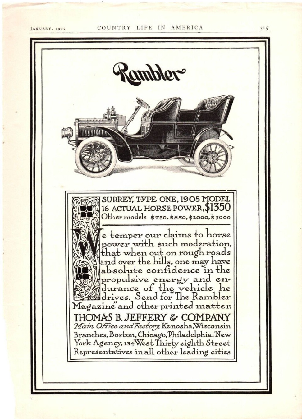 Vintage 1905 RAMBLER SURREY TYPE ONE MODEL Automobile Advertisement