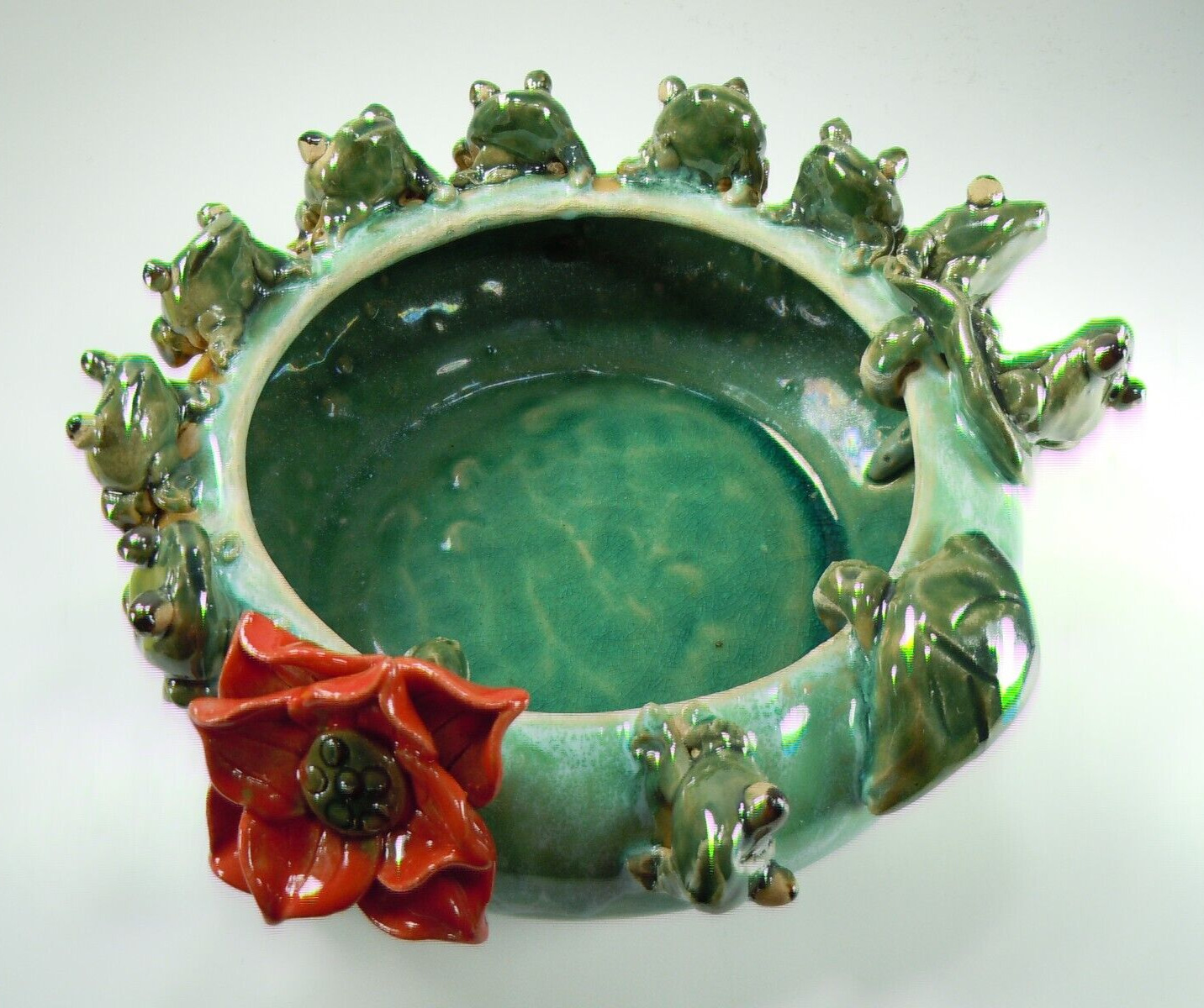 FROG BOWL Vintage Frogs Lily Pad Bowl w Majolica Red Flower Pottery Ceramic Dish