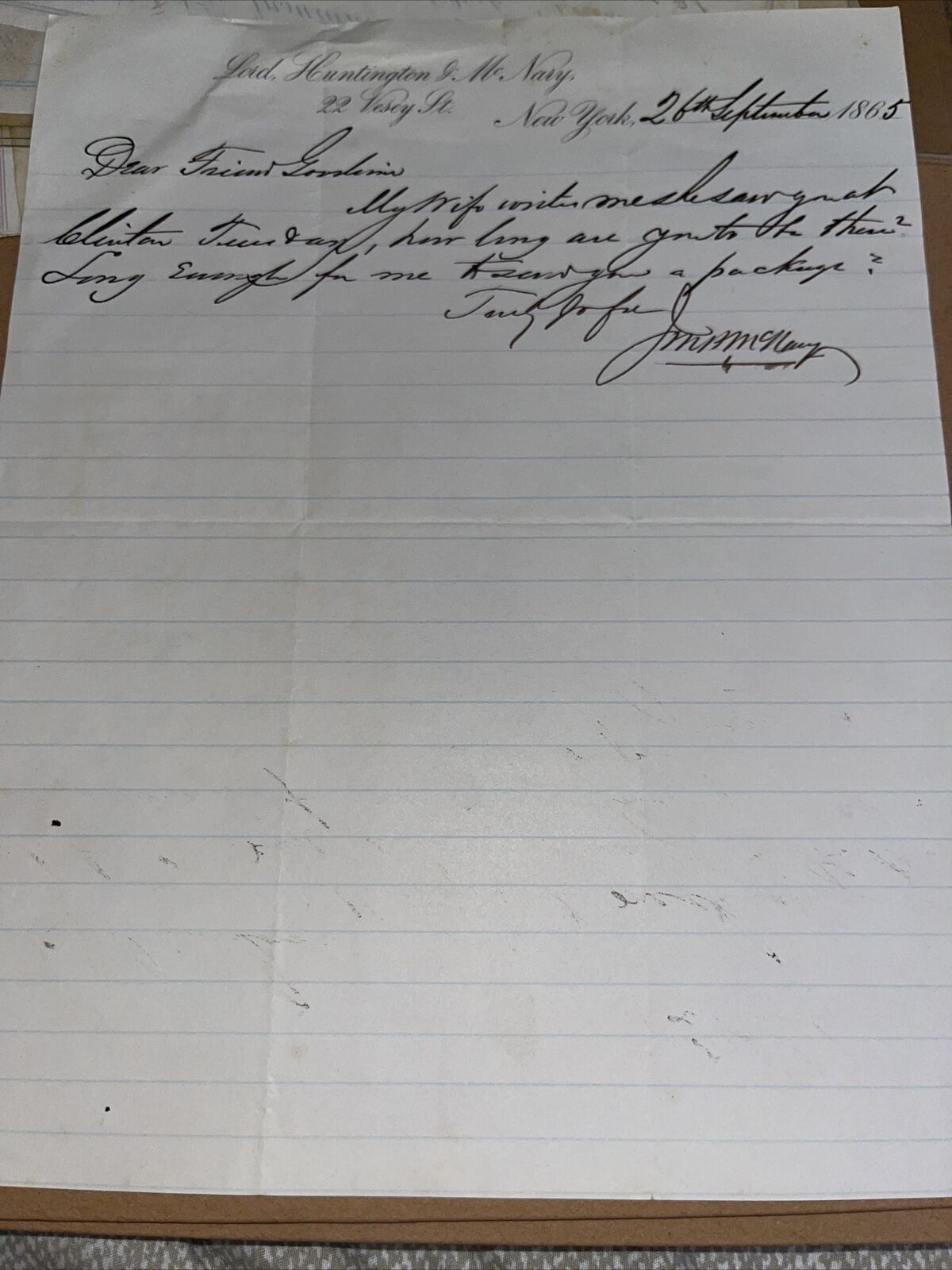 1865 Letter from Son of Colonel James McNary Canary with New York Letterhead