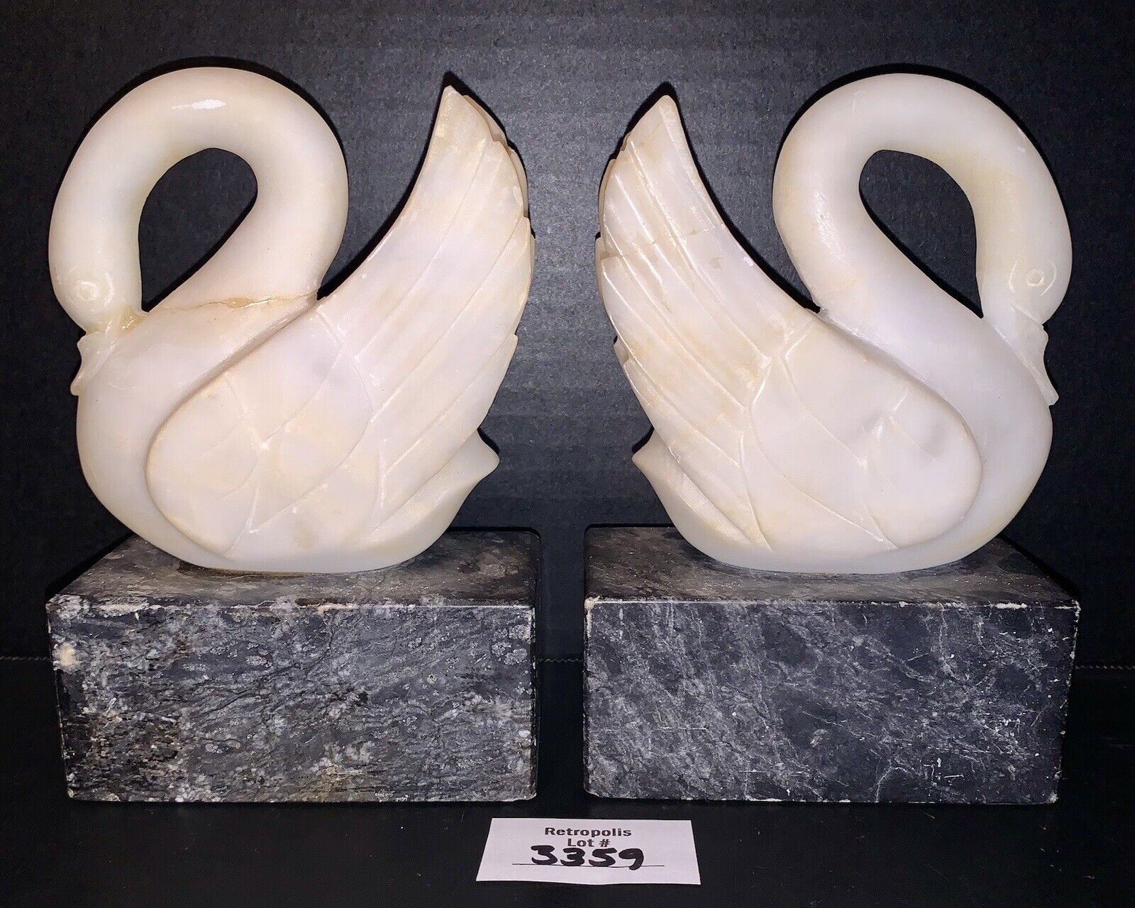 Vintage Marble Alabaster Or Stone Swan Bookends With Cracks
