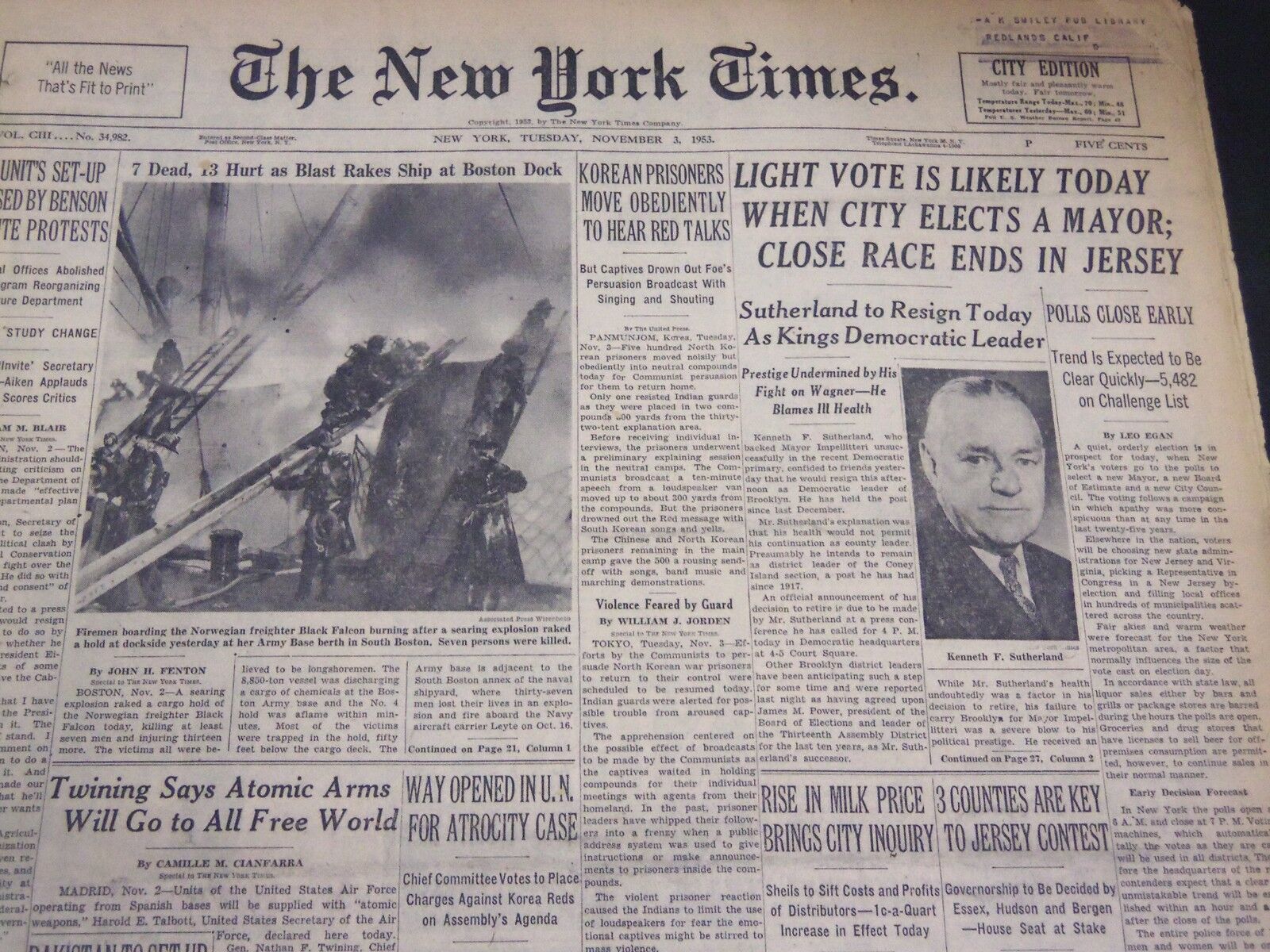 1953 NOVEMBER 3 NEW YORK TIMES - LIGHT VOTE LIKELY AS CITY ELECTS MAYOR- NT 4660