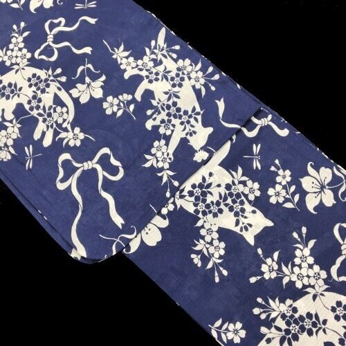 Women\'s Yukata Navy Floral Yukata 100% Cotton Cat Ribbon Washable