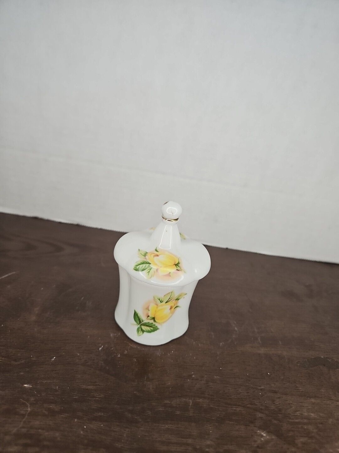 Vintage Small Yellow Rose Scalloped Shaped Porcelain Trinket Box With Lid