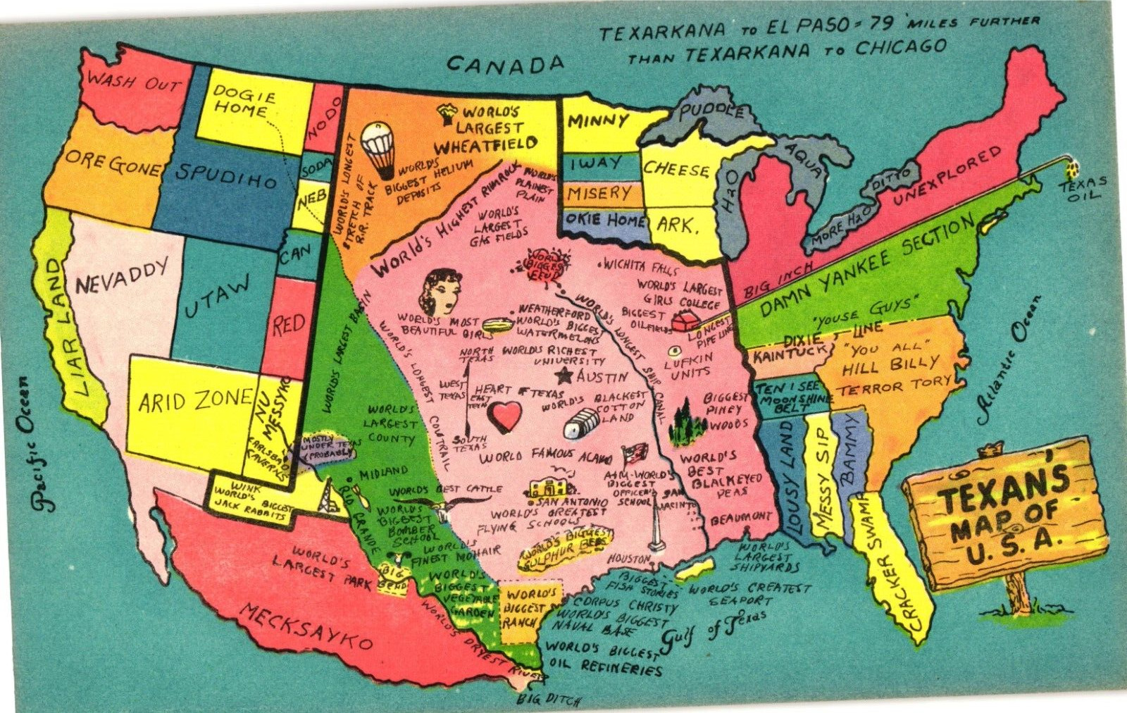 Humor Texans Map of U.S.A. Texas Vintage Postcard