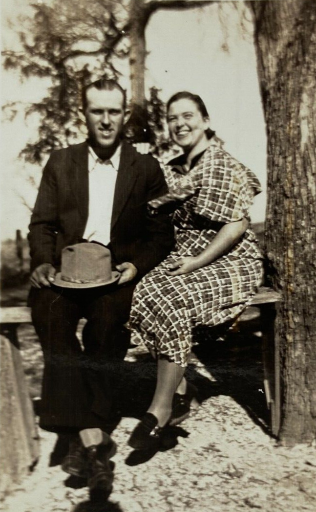 Man & Woman Smiling Sitting On Bench By Tree B&W Photograph 2.75 x 4.5