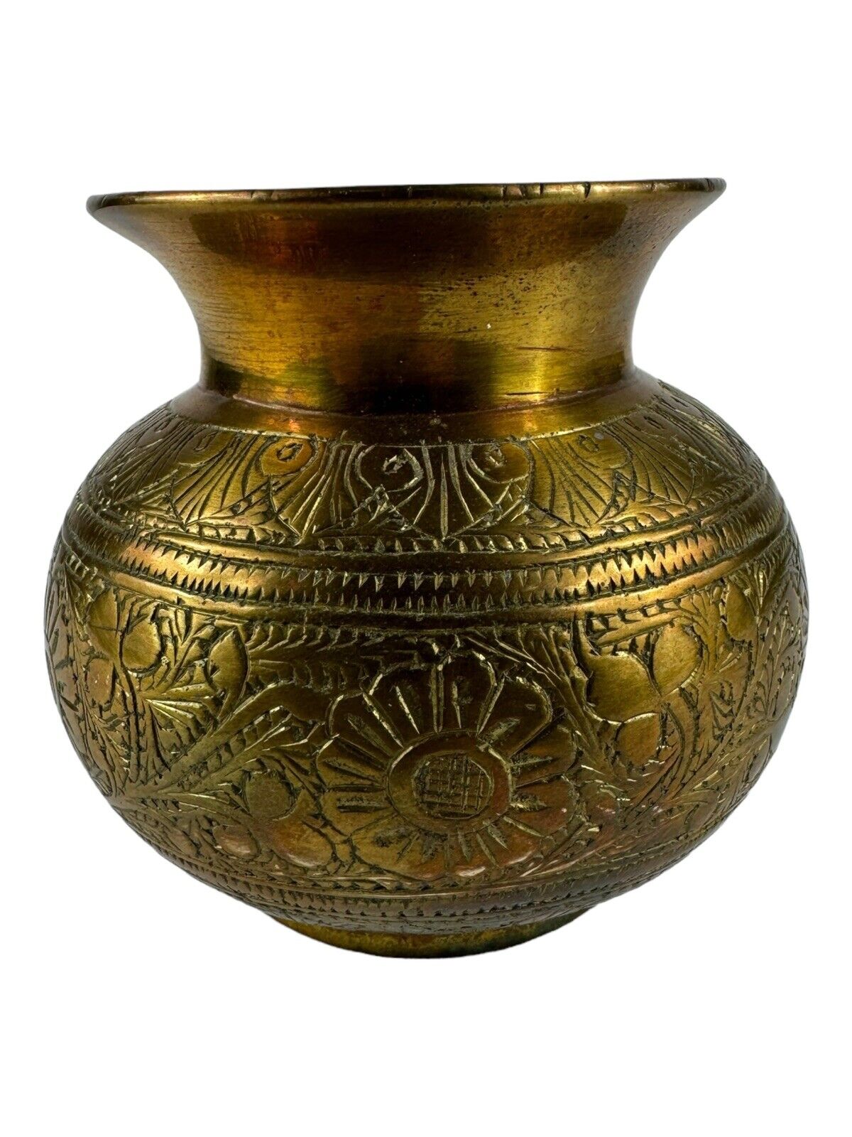 VINTAGE ANTIQUE BRASS BRONZE ETCHED HOLY WATER HINDU TEMPLE SMALL VASE