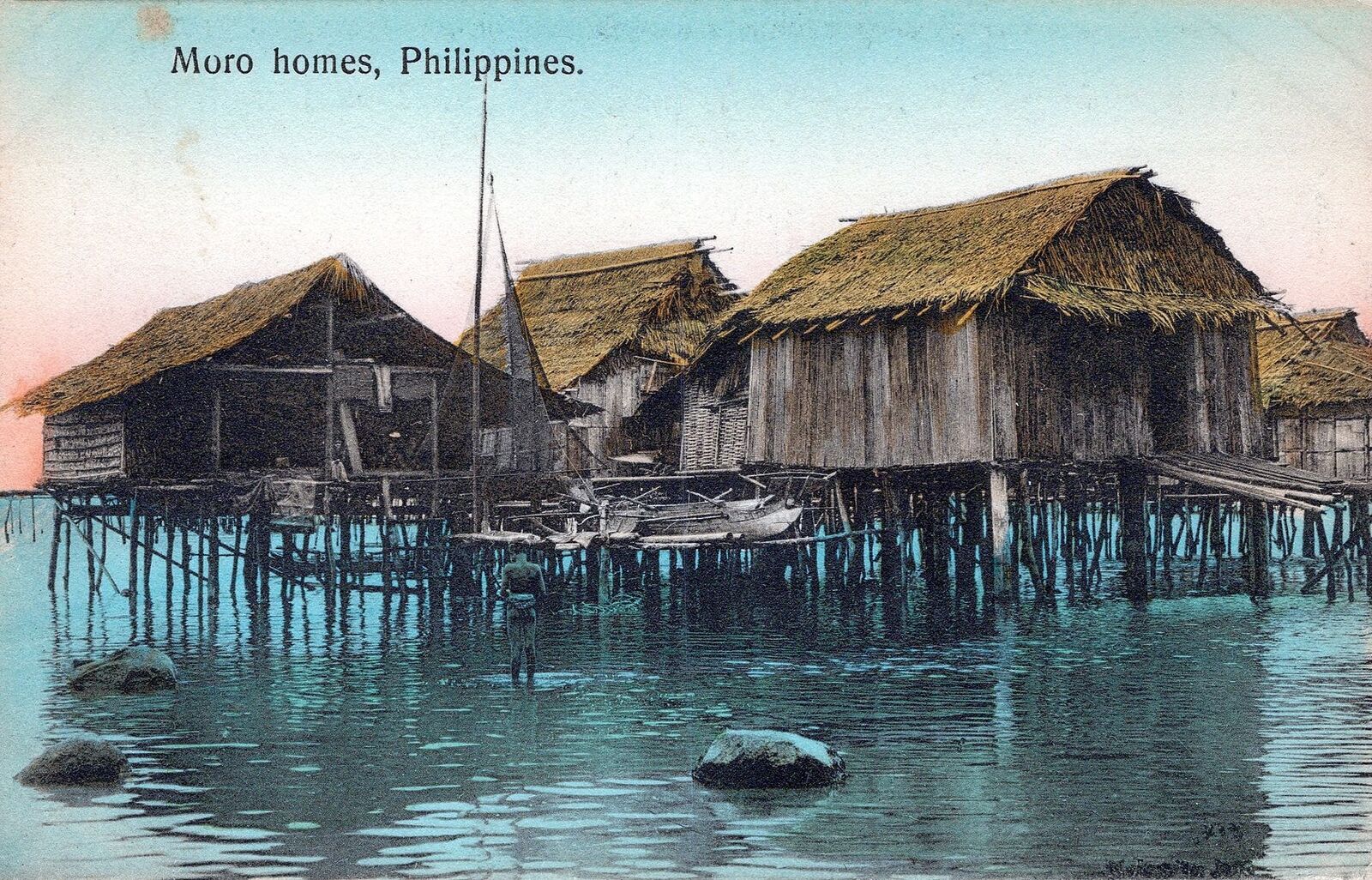 MORO - Moro Homes Hand Colored Postcard - Philippines