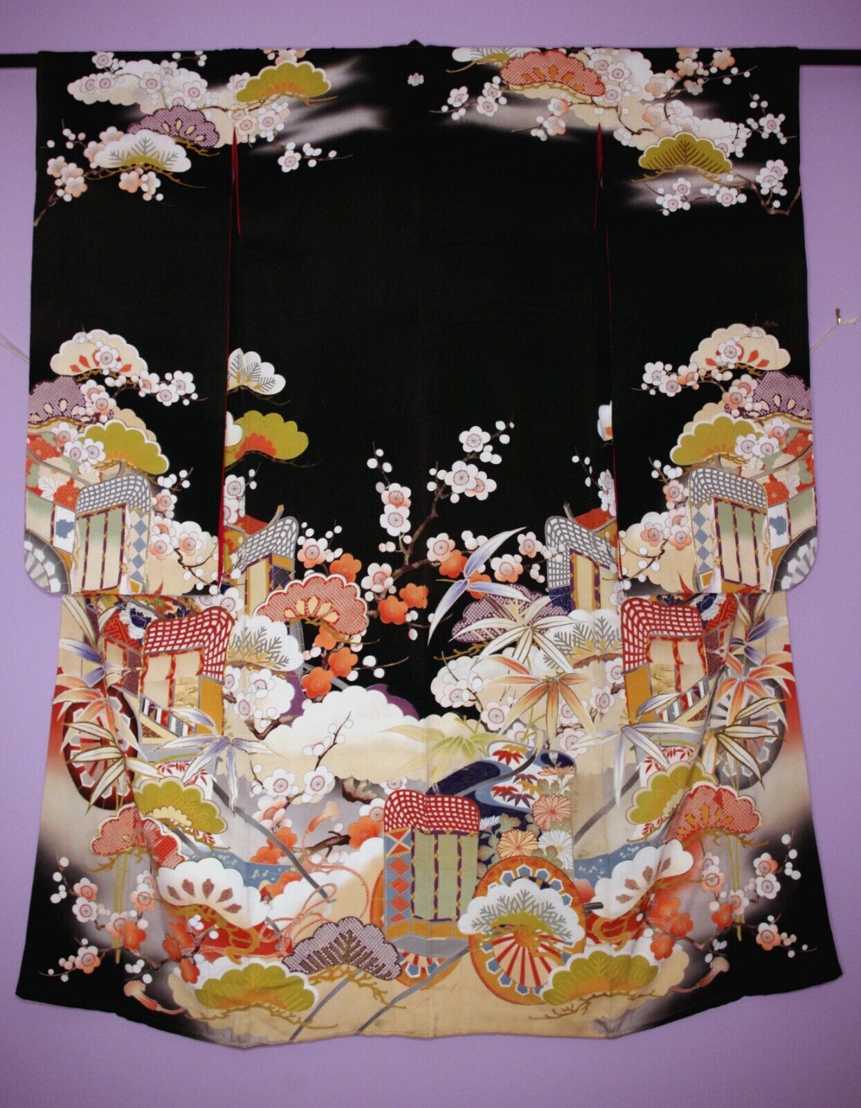 CLASSIC Antique Vintage Japanese Kuro Furisode Kimono Showa Taisho READ DESCRIP