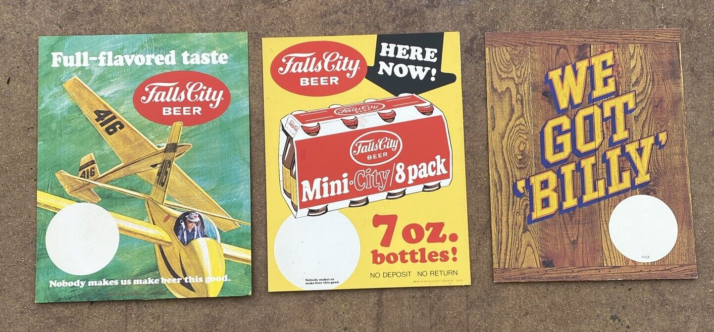 3 Vintage Falls City Beer Cardboard Advertising Sign - Louisville Airplane Billy