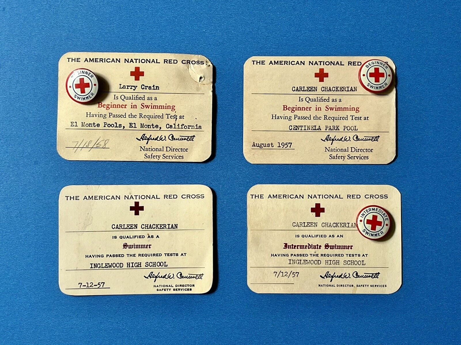 VINTAGE LOT AMERICAN RED CROSS SWIMMER CARDS & PIN BACKS 1950s
