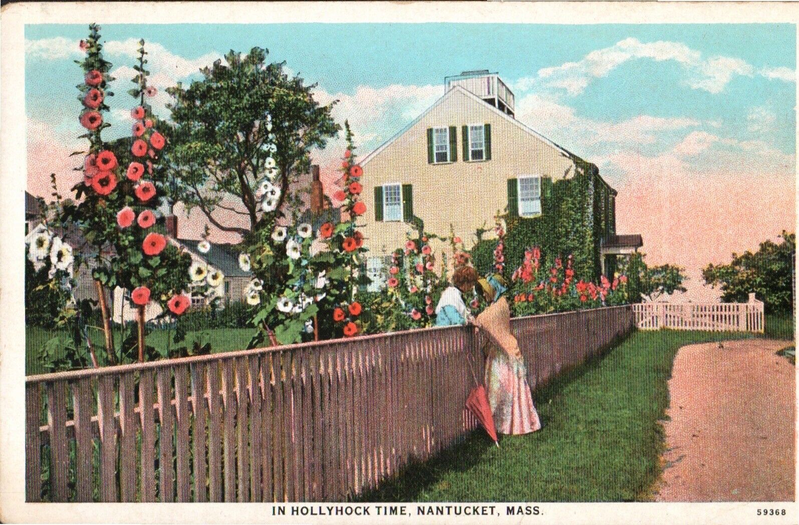 Postcard in Hollyhock time Nantucket Massachusetts flowers Young couple