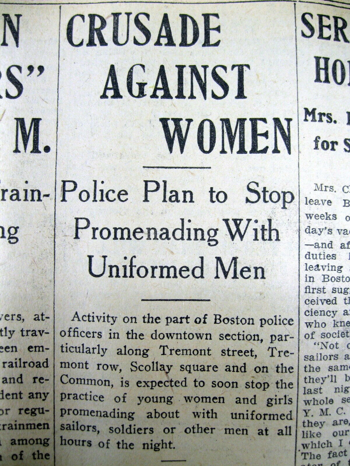 1917 newspaper BOSTON POLICE DEPARTMENT begins a crusade against WOMEN