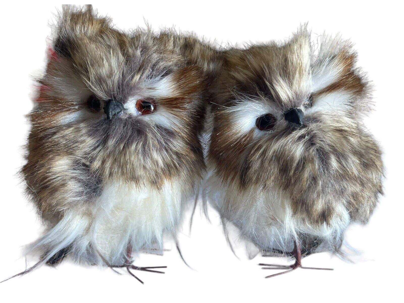 Realistic Pair Of Owl Figure Real Fur & Feathers Rustic Cabin Home Decor Cute