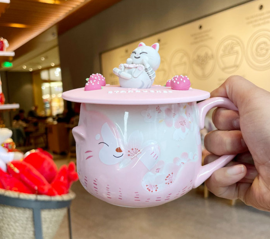 2022 Hot Starbucks Pink Cup Sakura Coffee Mug W/ Cat Lid Strawberry Coaster