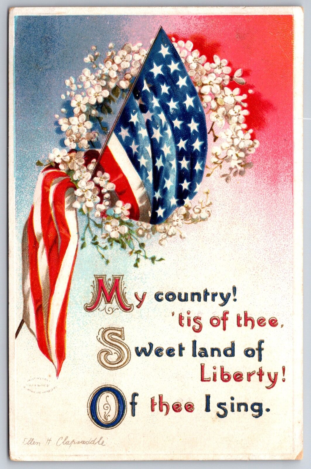 Ellen H Clapsaddle Patriotic~Song~”America”~Flag Draped Thru Flower Wreath~Gold