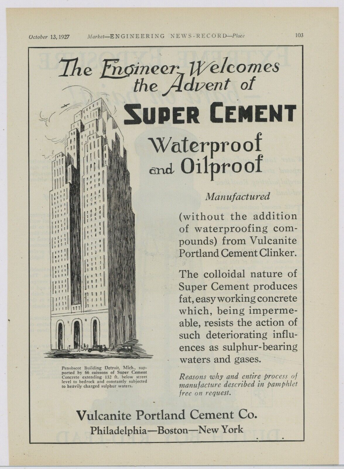 1927 Vulcanite Portland Cement Ad: Penobscot Building Pic - Detroit, Michigan