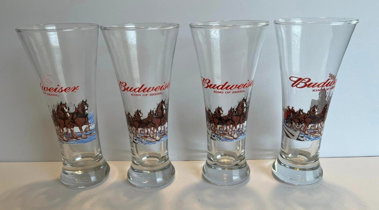 Vintage 4 Budweiser Clydesdale Tall Pilsner Beer Glasses Anheuser Busch 1988
