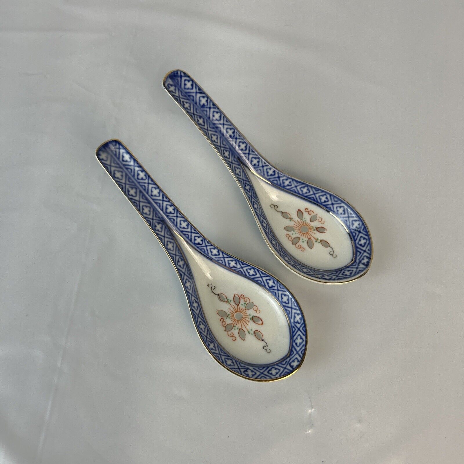2  Vintage  CHINESE JAPANESE ASIAN CERAMIC SOUP Rice Spoons Blue pattern