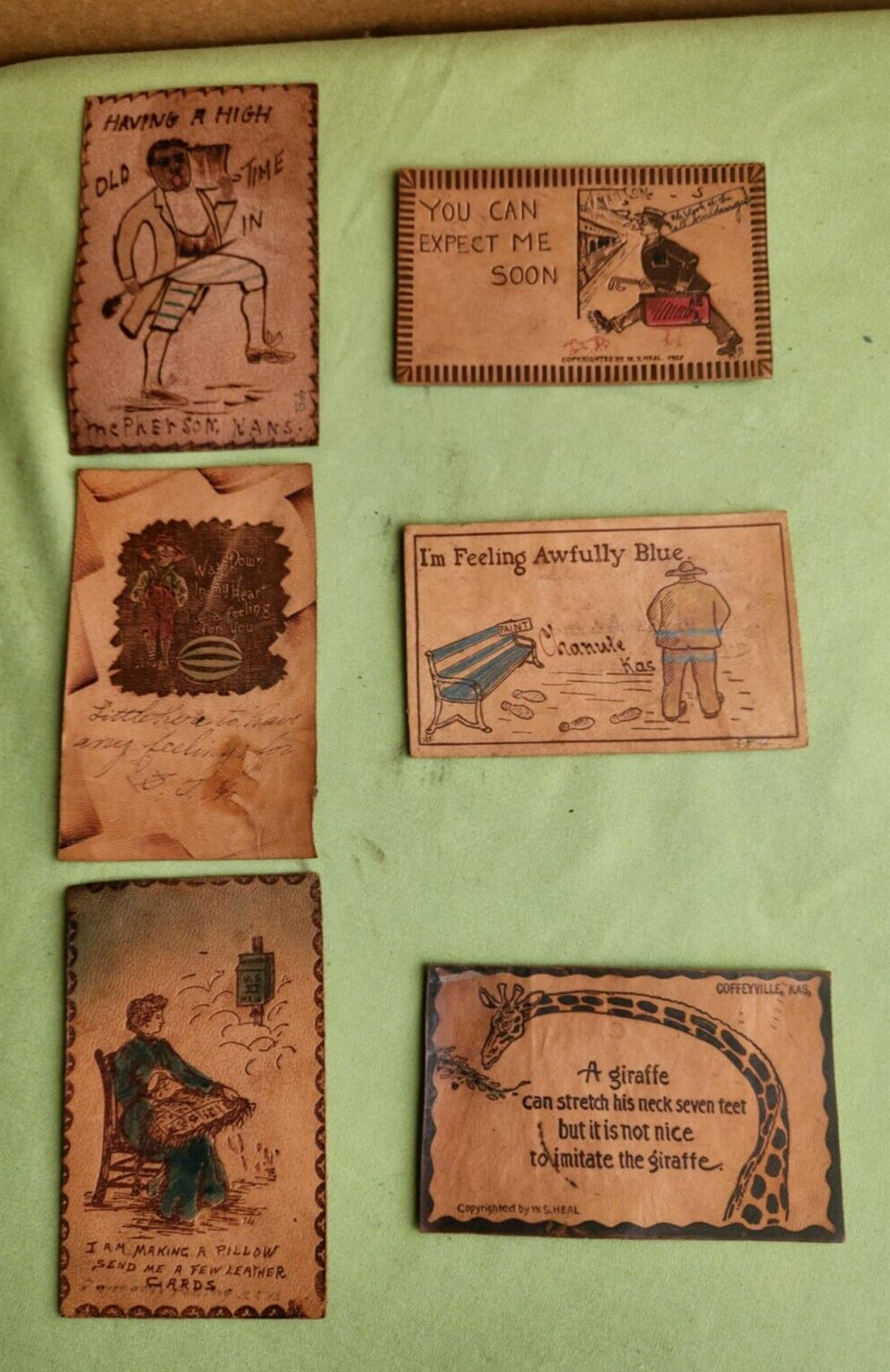 Lot of Six Used Leather Postcards.  All are Different.  Circa 1905-1907.