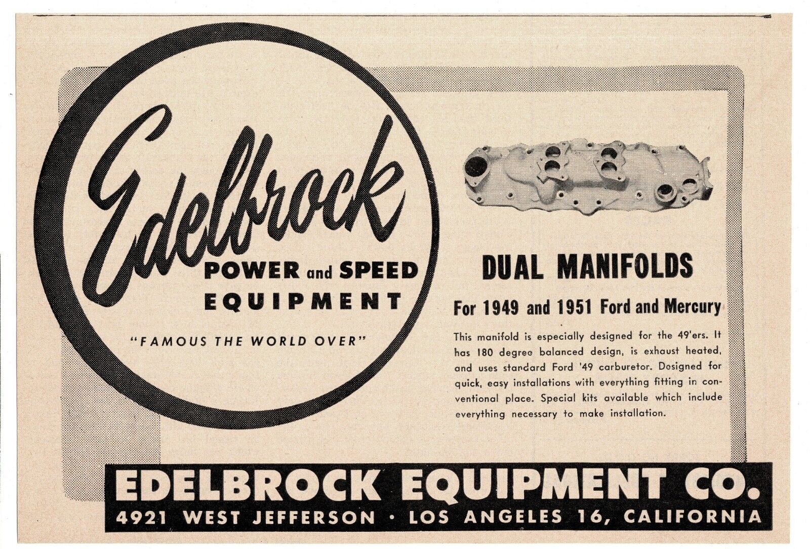 1951 EDELBROCK Dual Manifolds for Ford Mercury Los Angeles CA Vintage Print Ad 1