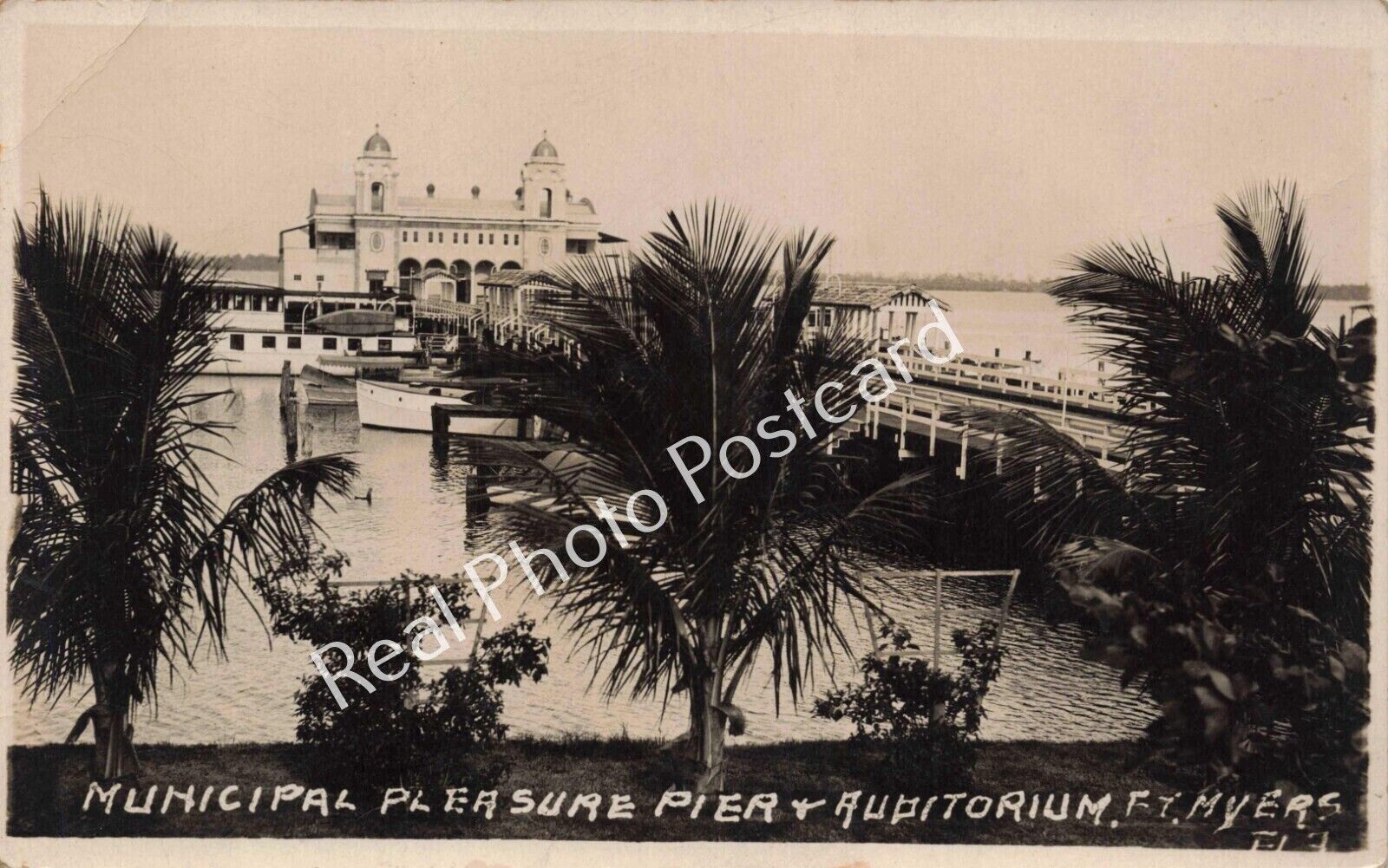 RPPC Fort Myers Florida Municipal Pleasure Pier & Auditorium Real Photo Postcard