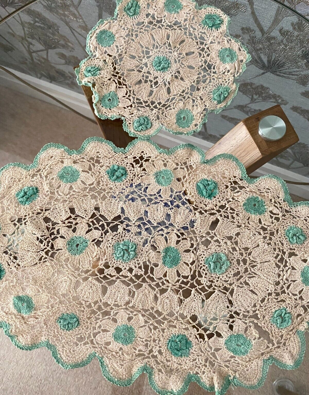 2 VINTAGE IVORY/GREEN COTTON HAND WORKED IRISH LACE TABLE MATS/DOILIES~