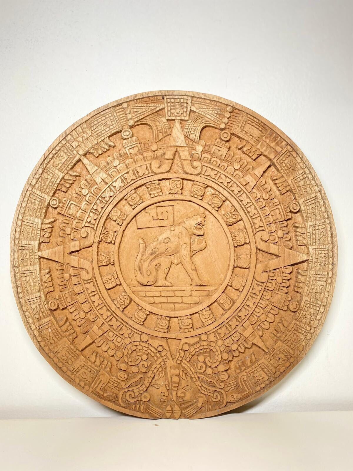 Aztec Calendar Hand Carved Cedar Wood Natural Highly Detailed Excellent Crafted