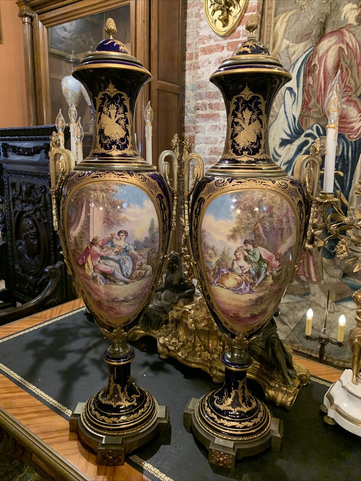 Pair Antique Huge French Sevres Porcelain Urns, Hand Painted,  1880 ,