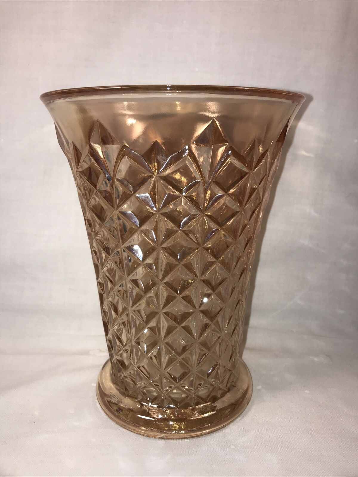 Vintage Sowerby Diamond Pinwheel Glass Iridescent Marigold Vase Carnival Glass