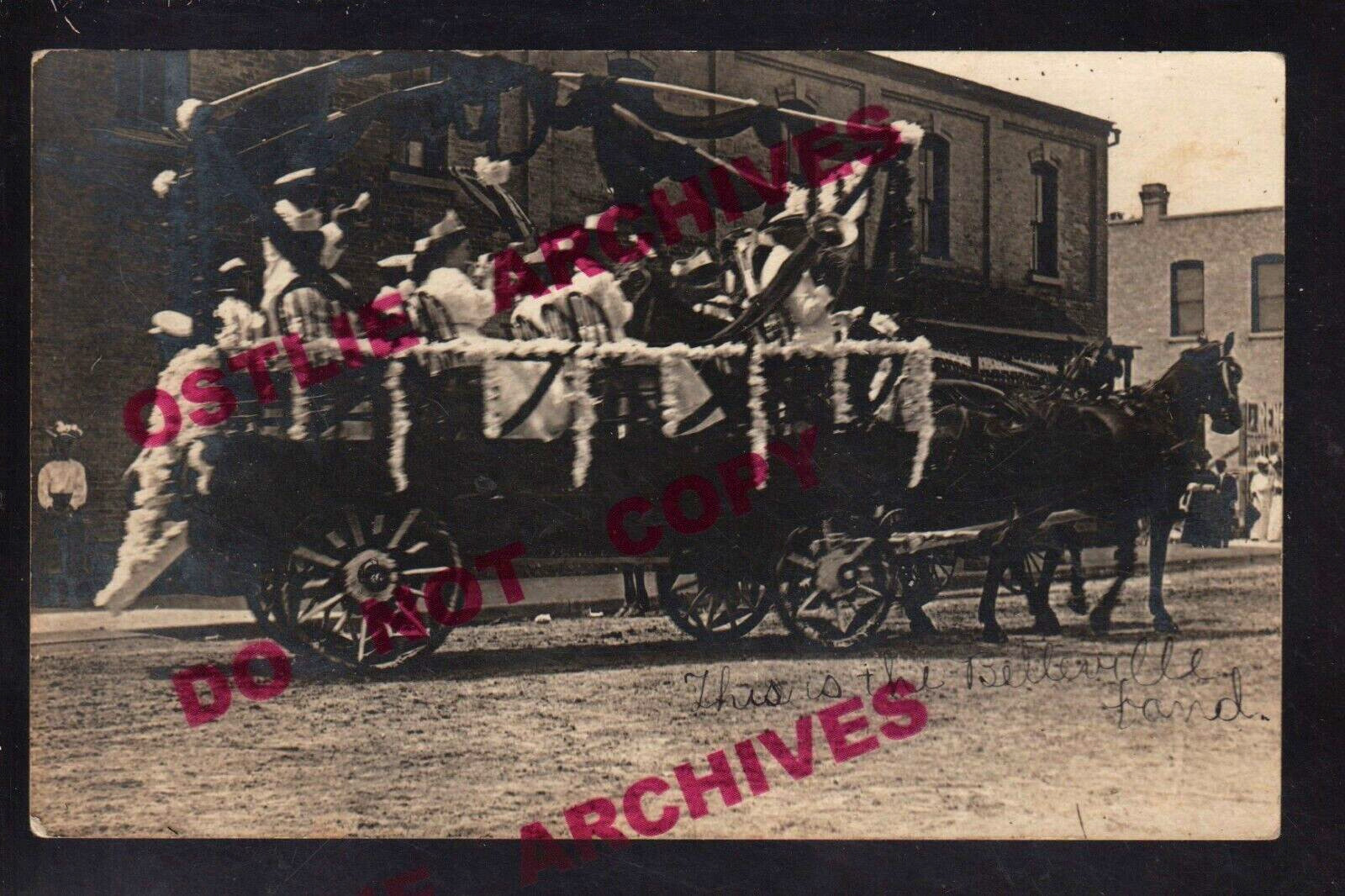 Belleville WISCONSIN RPPC 1909 BAND BANDWAGON Parade Float HORSE-DRAWN WI KB