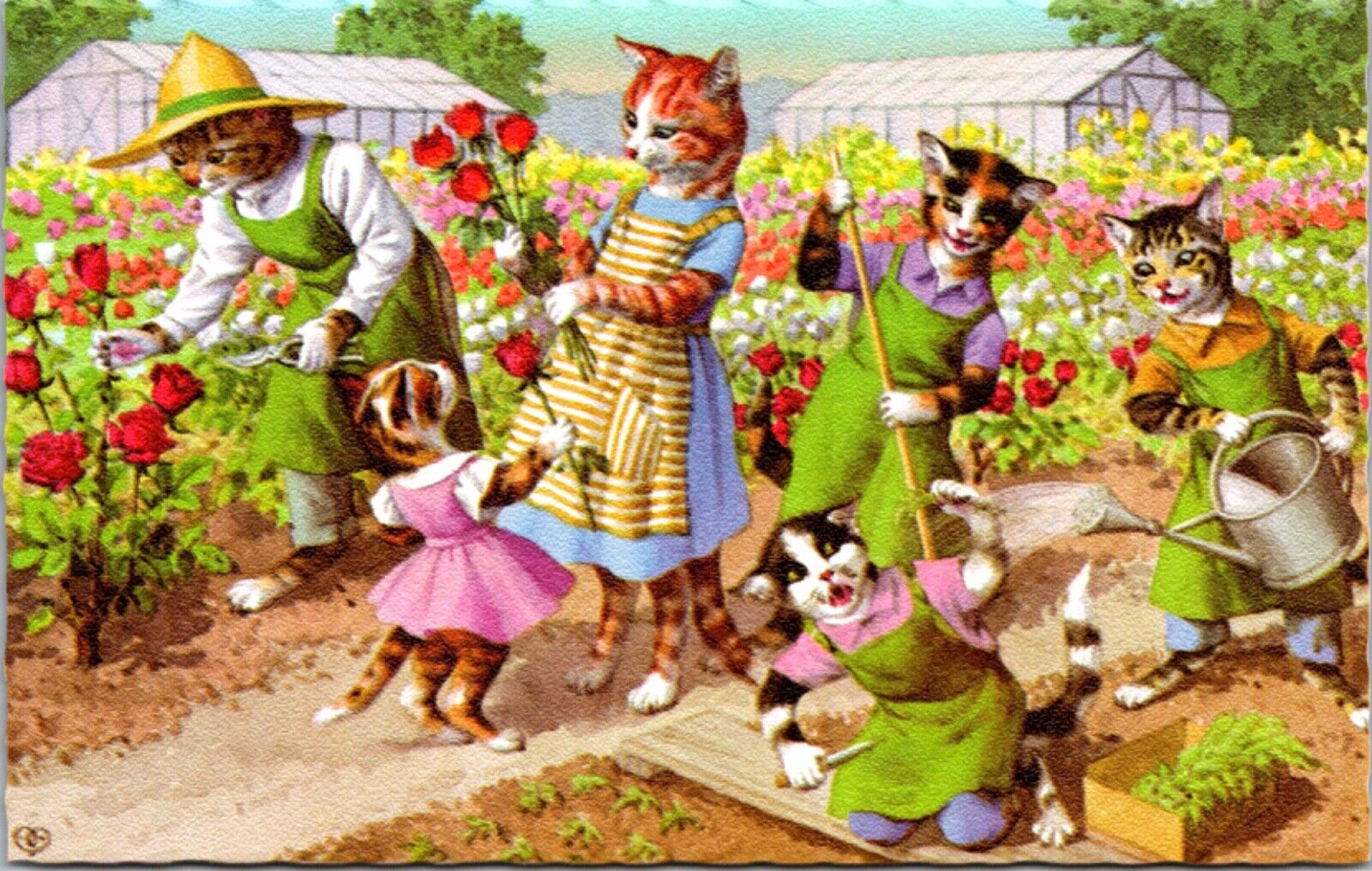 Alfred Mainzer Artwork Postcard Dressed Cats and Kittens Gardening