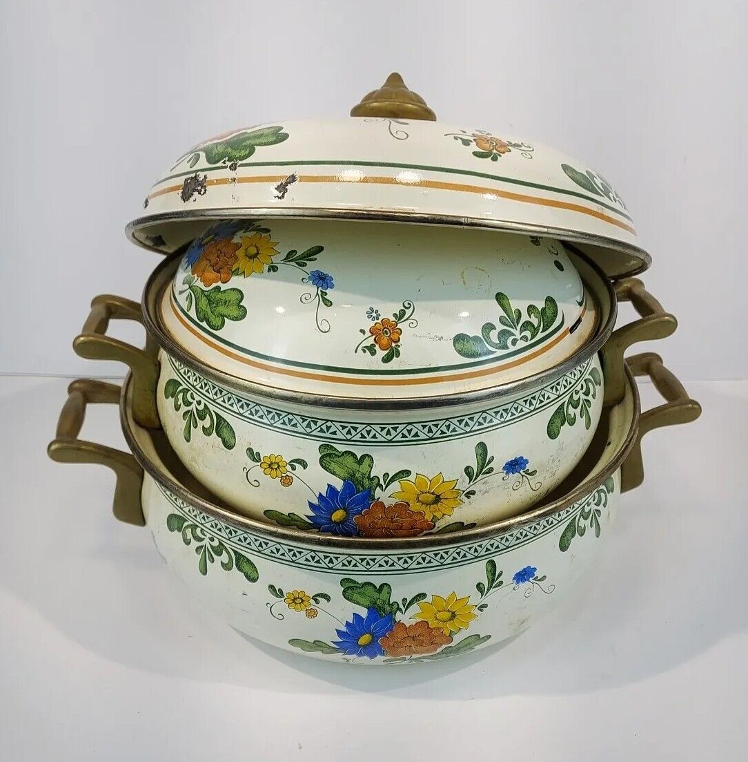 Vintage ASTA German Floral Enamelware Cookware Set With Brass Handles 4 Pieces