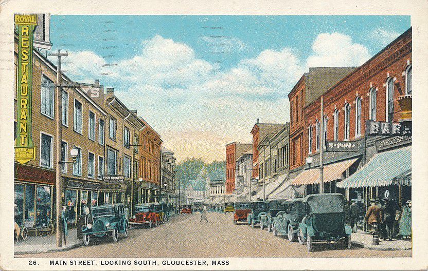 Autos Parked on Main Street looking South Gloucester MA Massachusetts pm 1925 WB